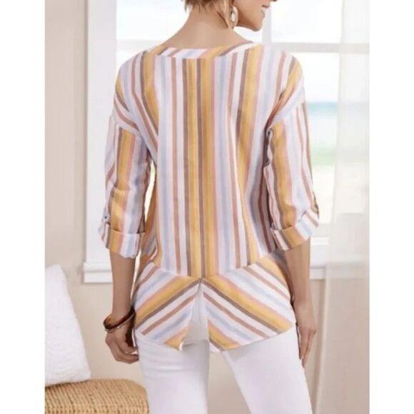 Soft Surroundings Enyo Striped Top Womens Large Roll Tab Sleeve Cotton Tencel - Picture 2 of 12